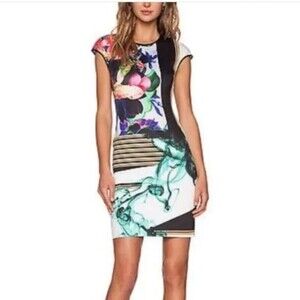 Clover Canyon Liquid Jade Cap-Sleeve Scuba Neoprene Dress in Multi size S NWT